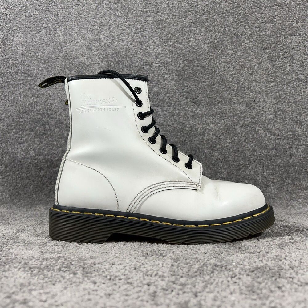Dr. Martens White Leather Combat Boots with Black Laces